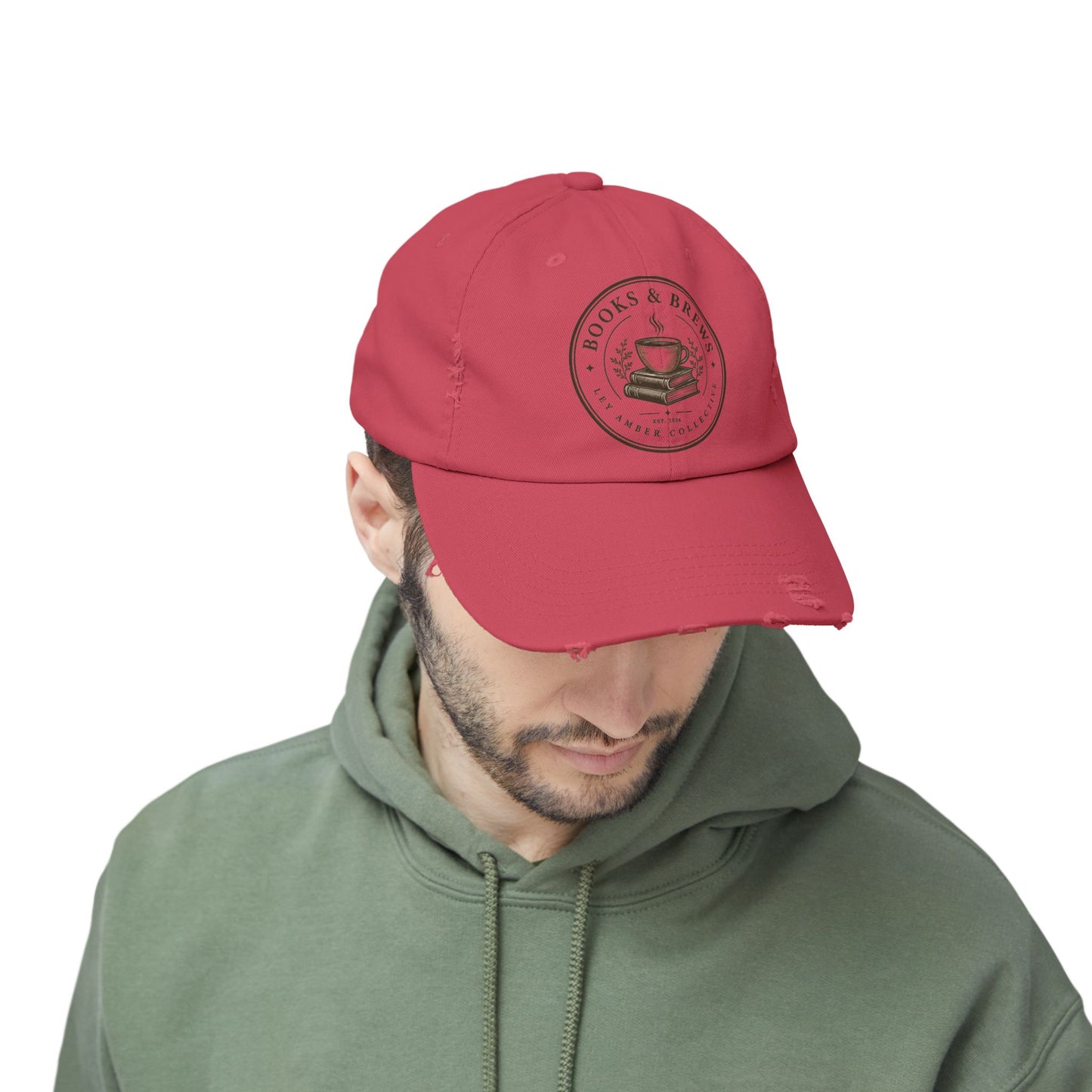 Books & Brews Distressed Cap — Coffee Lover Baseball Hat