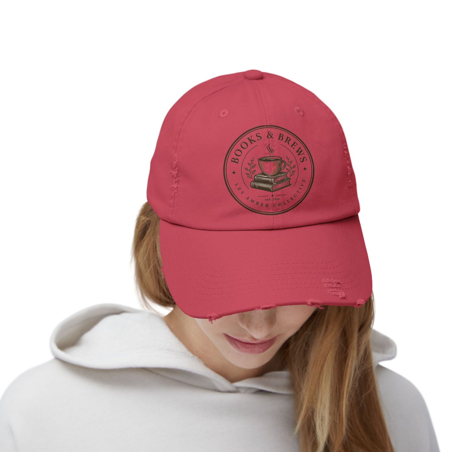 Books & Brews Distressed Cap — Coffee Lover Baseball Hat