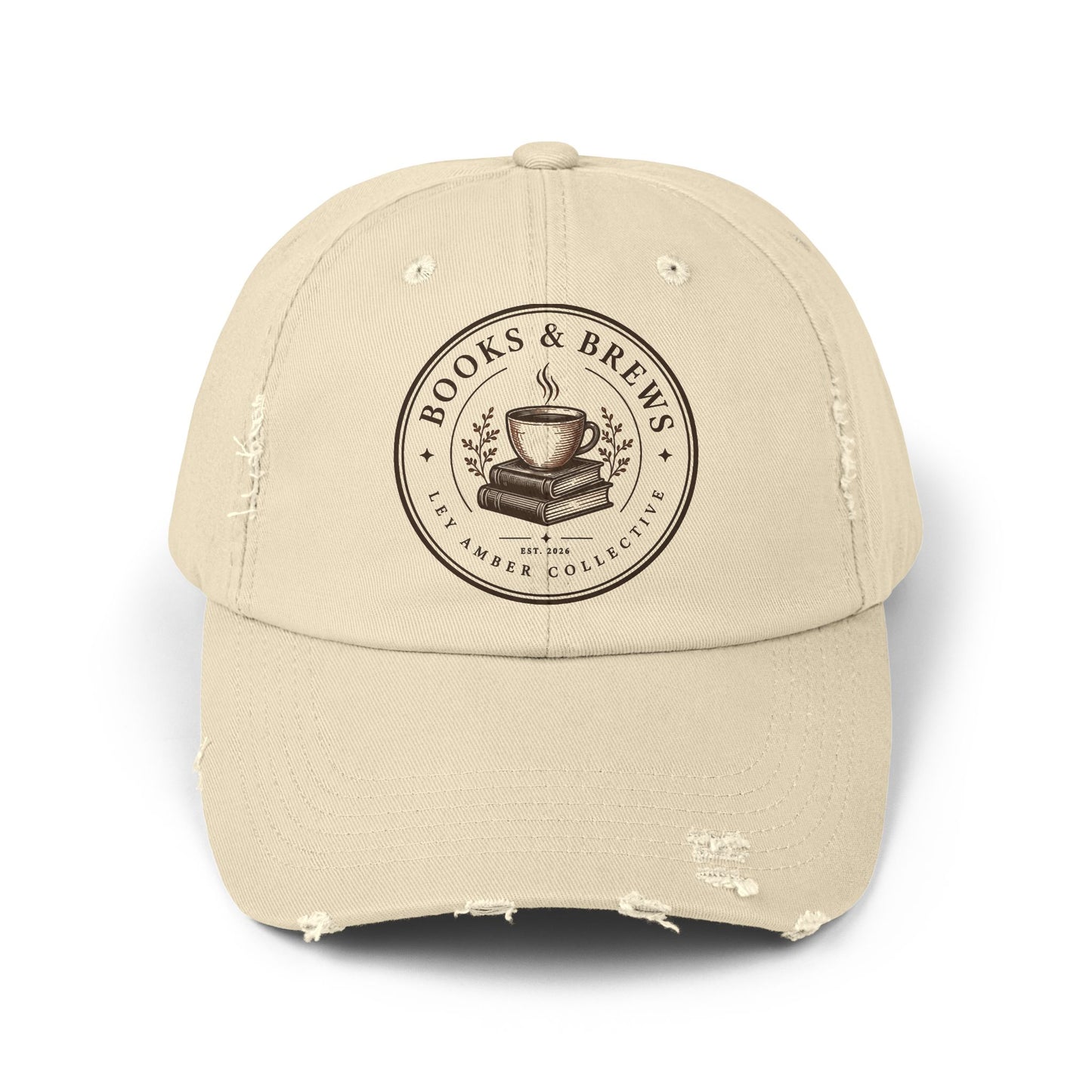 Books & Brews Distressed Cap — Coffee Lover Baseball Hat