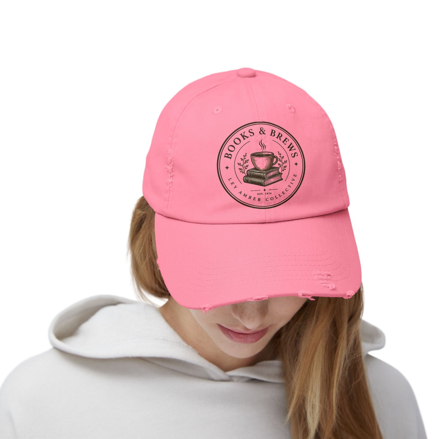 Books & Brews Distressed Cap — Coffee Lover Baseball Hat