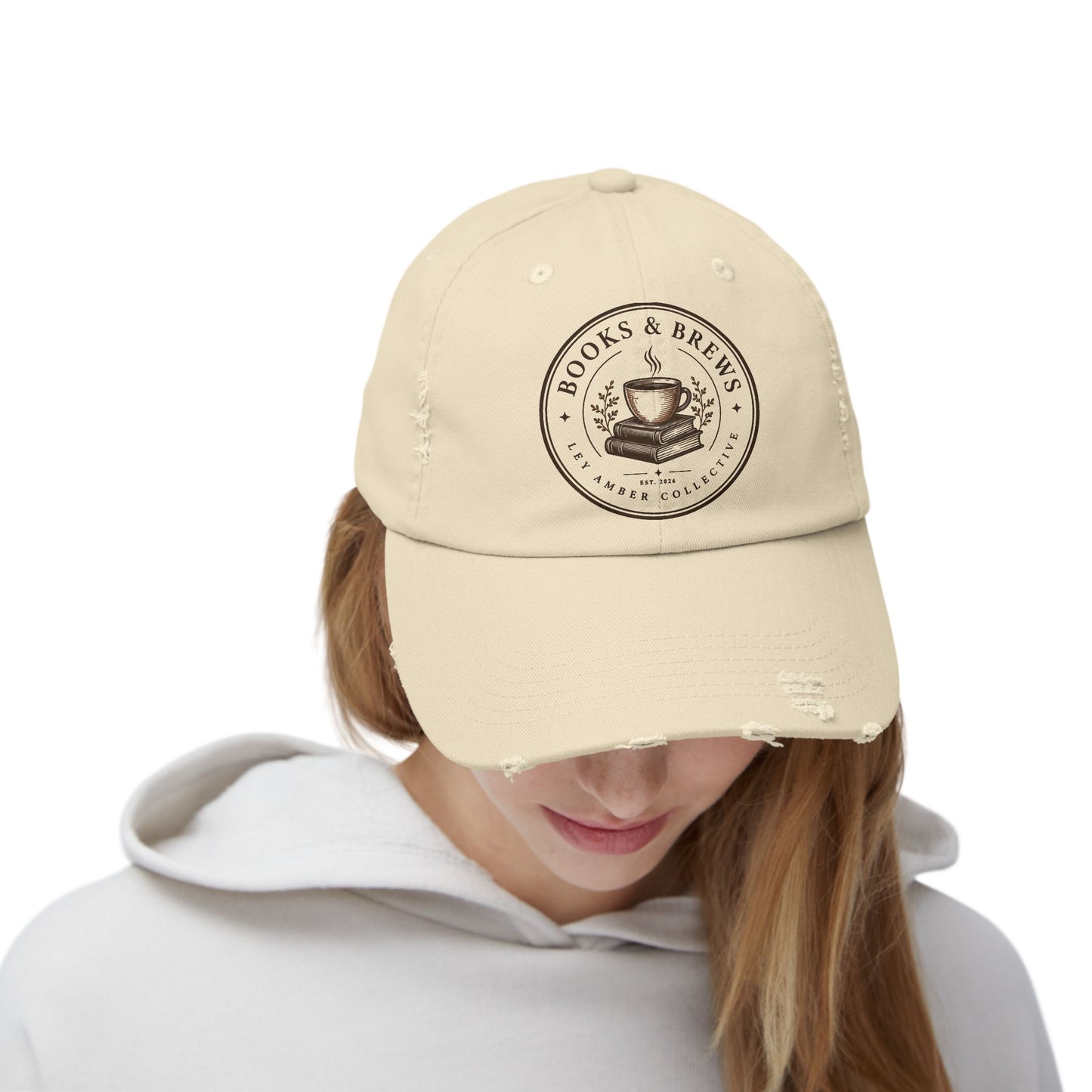 Books & Brews Distressed Cap — Coffee Lover Baseball Hat