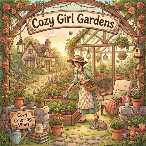 Cozy Girl Gardens: Coloring Book for Stress Relief & Mindfulness Easy Bold Line Designs of Floral, Botanical, Greenhouse, Cottage Yard & Backyard Natu