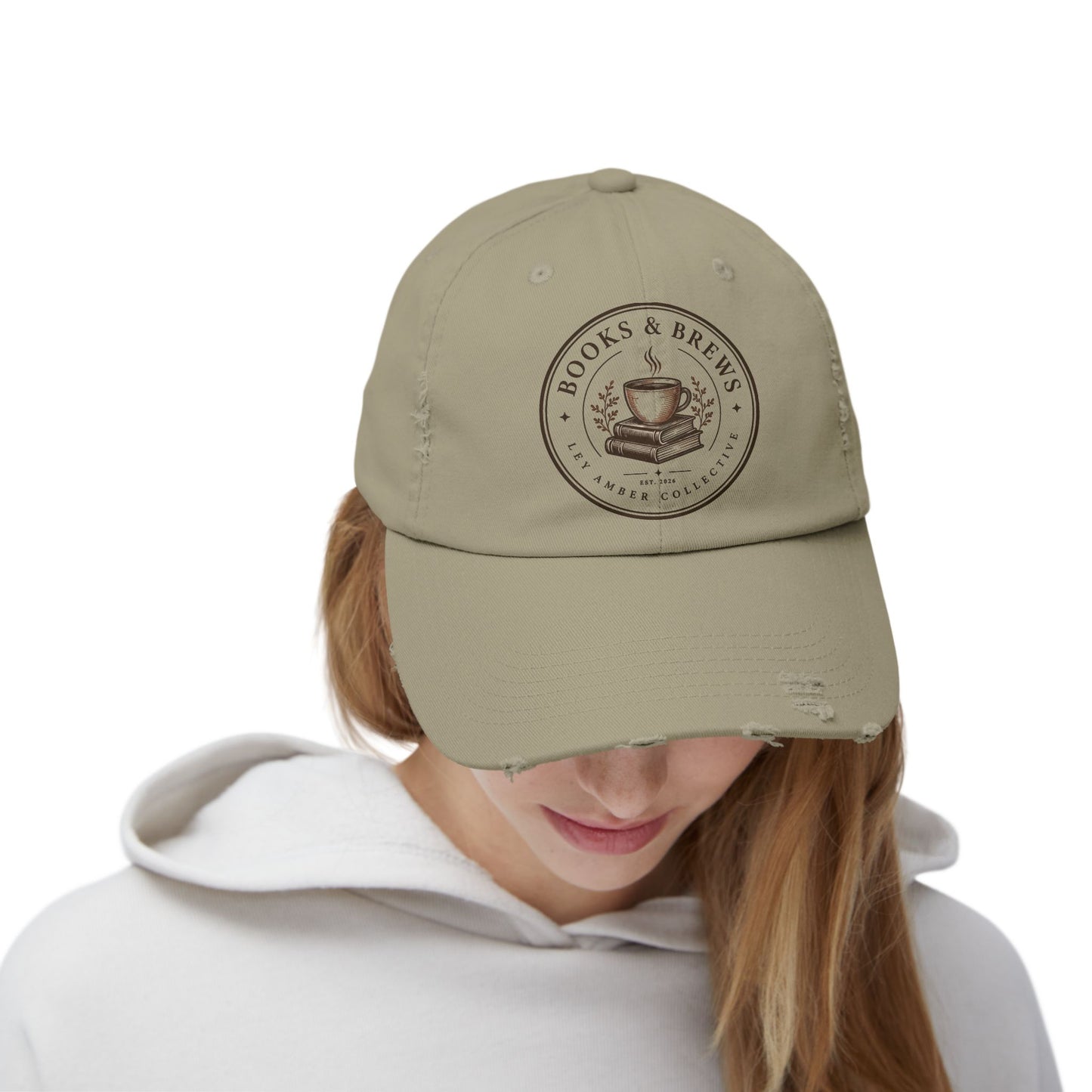 Books & Brews Distressed Cap — Coffee Lover Baseball Hat