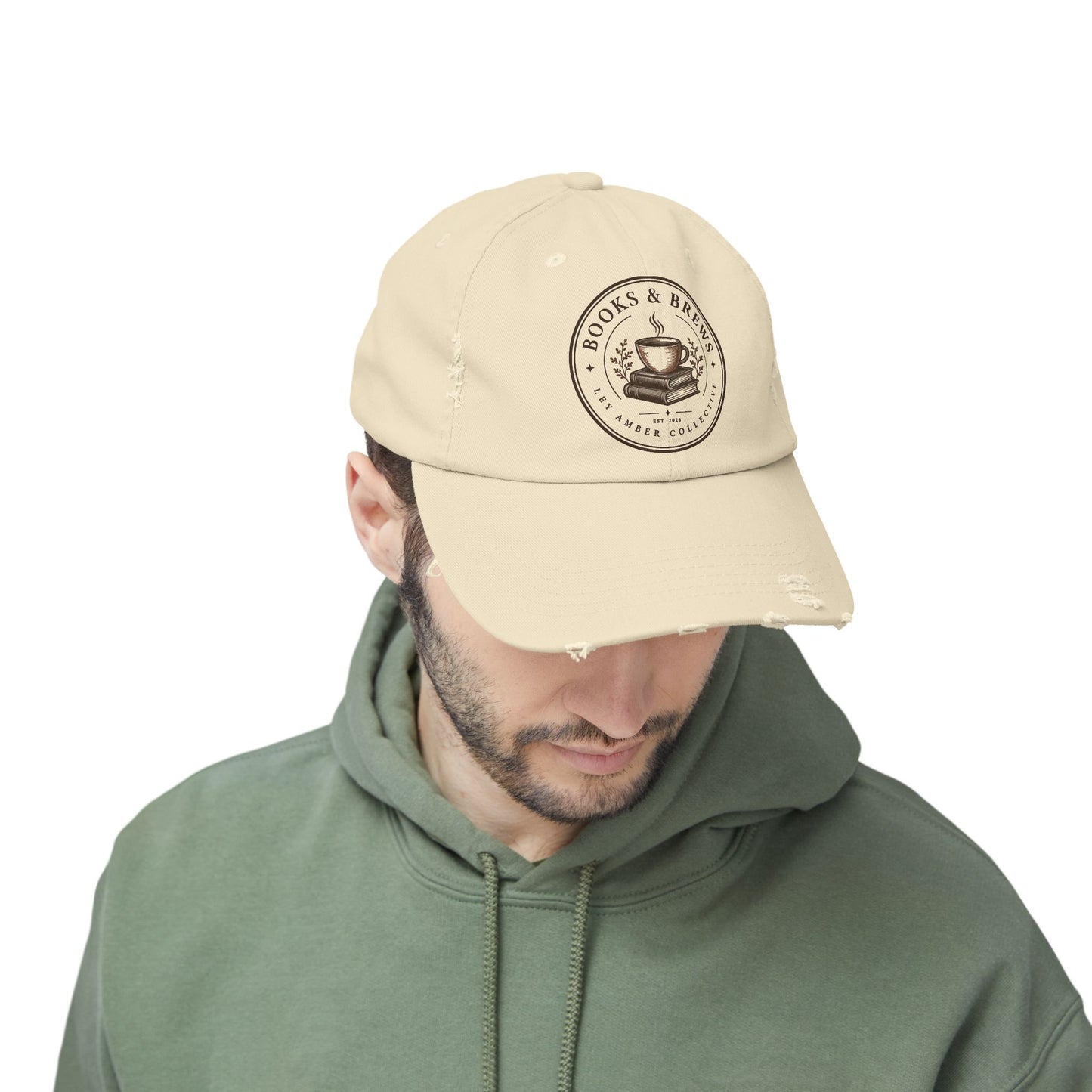 Books & Brews Distressed Cap — Coffee Lover Baseball Hat