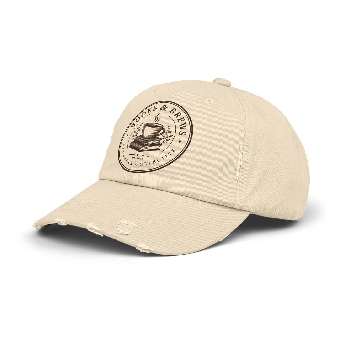Books & Brews Distressed Cap — Coffee Lover Baseball Hat