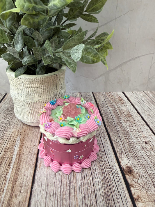 White & pink icing w/Fairy garden decor