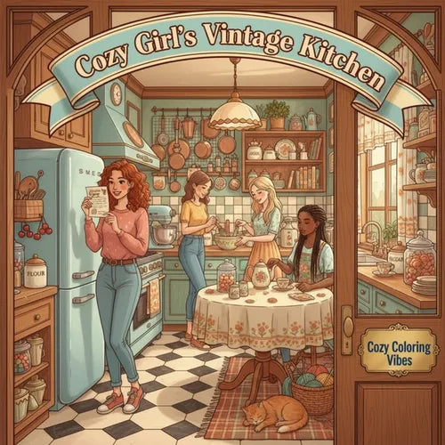 Cozy Girl's Vintage Kitchen: A Nostalgic Recipe & Cooking Coloring Book Fun Easy Bold Lines Vintage Kitchen Scenes & Classic Home Moments Daily Relaxa